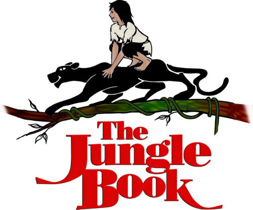 The Jungle Book logo - Mowgli on Bagheera on a tree branch with the words