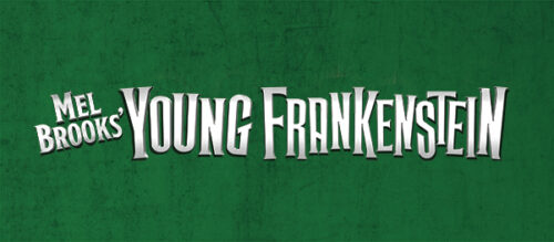 Logo for Mel Brooks' Young Frankenstein. Silver type with a green background.